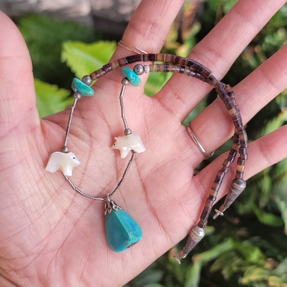 Absolutely stunning handmade Native American sterling silver, MOP bears, turquoi - Picture 1 of 14